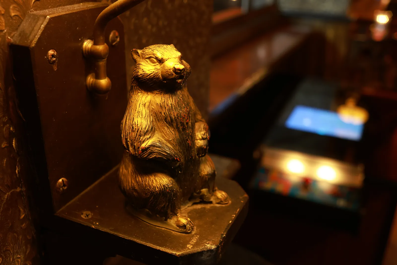 A golden gopher lamp, one of the original fixtures